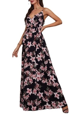 Custom Clothing Factory China Women'S Summer Floral Printed Sleeveless V Neck Maxi Dress
